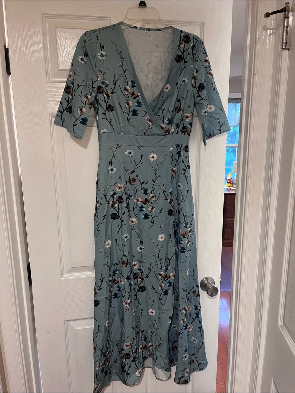 Floral V-Neck Midi Dress in Dusty Blue